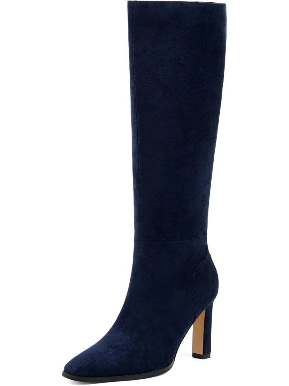 Women's Navy Faux Suede Pointed Square Toe Stiletto Chunky Heel Knee High Boots